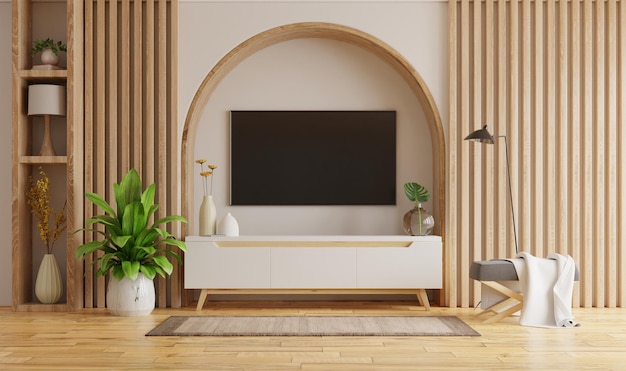 Interiore del salone con la tv sull'armadietto e l'assicella decorativa sul fondo bianco vuoto della parete. rendering 3d