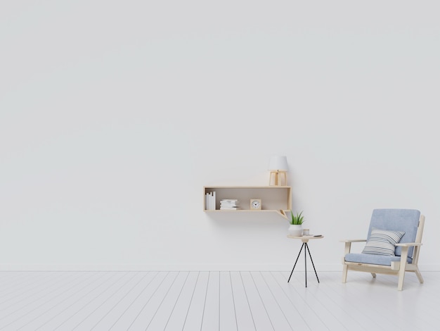 Living Room interior with velvet gray armchair , shelf with books on white wall background