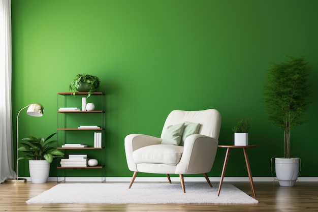 Living room interior with velvet sofa pillows green plaid