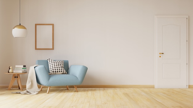 Living Room interior with velvet sofa, table. 3D rendering. 