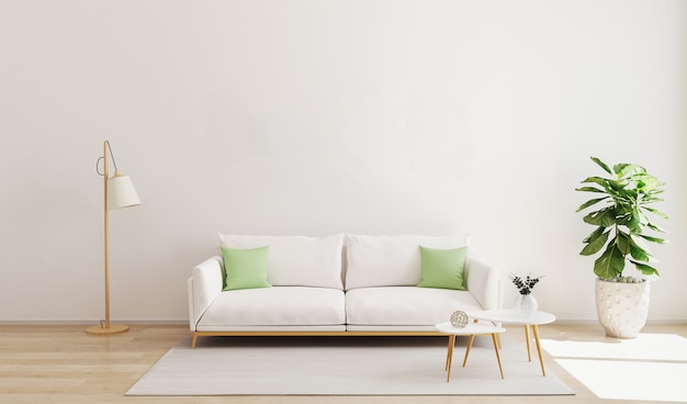 living room interior with white sofa and green pillows, modern coffe table, floor lamp, plant and rug on wooden floor and white wall. living room interior mockup. scandinavian style. 3d render
