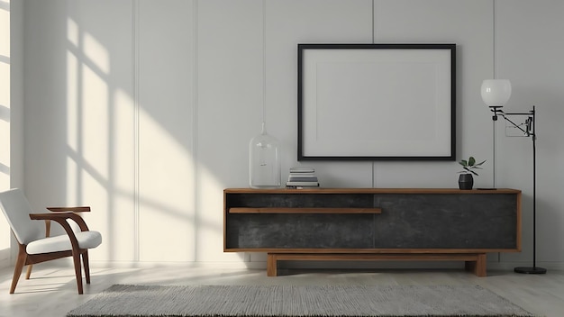 Living room interior with white sofa and mock up poster frame