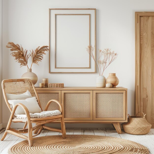 Photo living room interior with wicker armchairs potted plants and coffee table