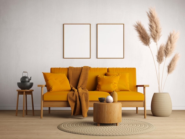 Living room interior Wooden sofa with yellow cushion and blank picture frame