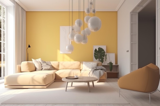 Интерьер гостиной в желтом и белом цветах