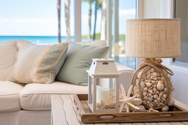 The living room is adorned with beachthemed interior decor featuring a wooden coffee table adorned w