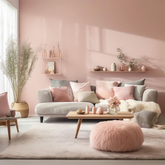 Living room is calm and comfortable dominated by soft pastel colors