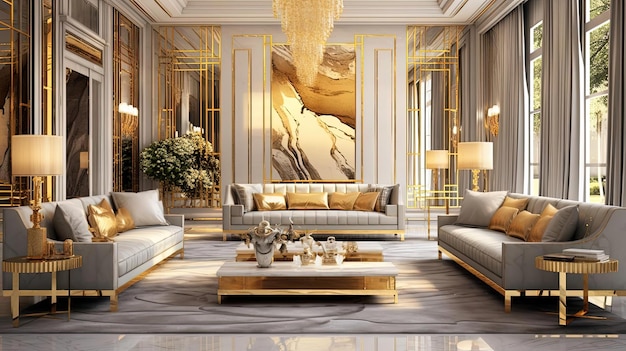 the living room is decorated in glamorous gold trim