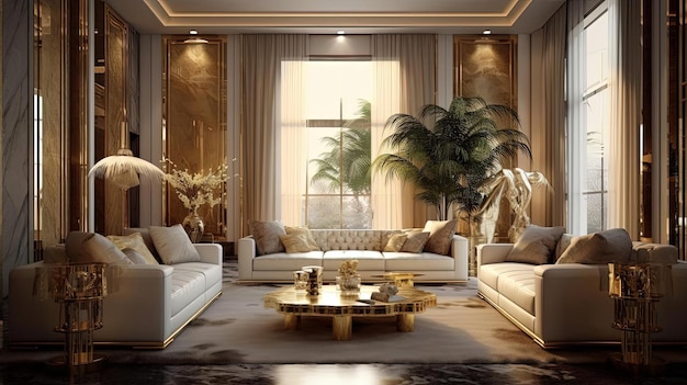 the living room is decorated in glamorous gold trim