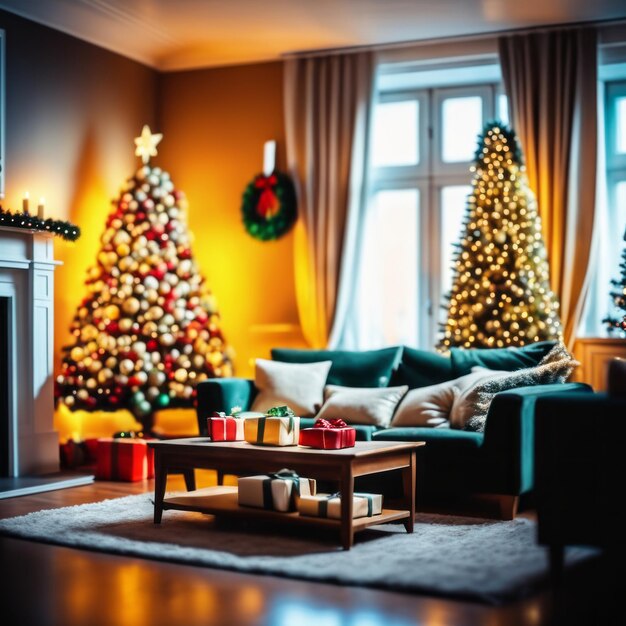 Foto il soggiorno è decorato con un albero di natale e molte decorazioni diverse e festive