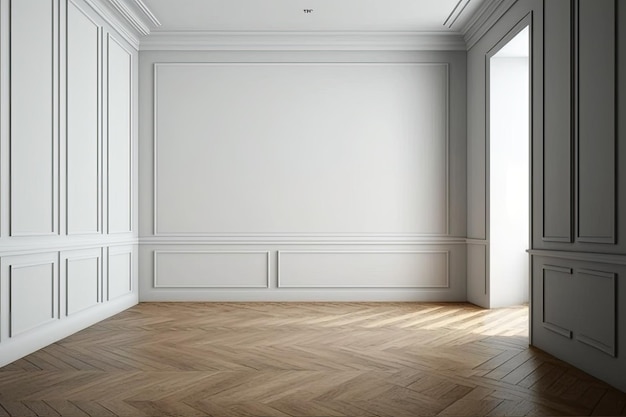 Фото Гостиная пуста с белой стеной и паркетным полом иллюстрация дизайна интерьера