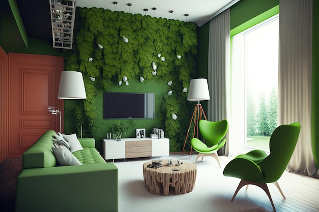 Photo living room is unoccupied and has green walls ecological interior design