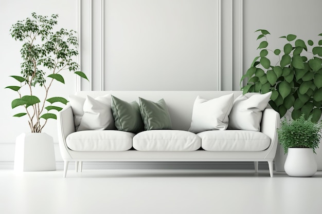 Living room is white plants and a sofa in daylight