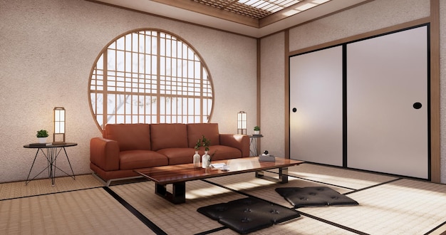 Японский тропический минималистский дизайн гостиной.3D рендеринг