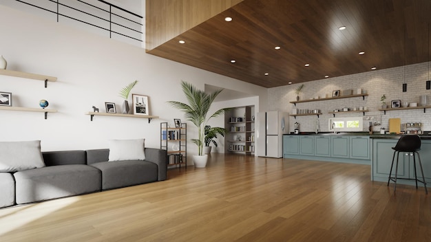 living room and kitchen interior with wood ceil and floor 3d rendering