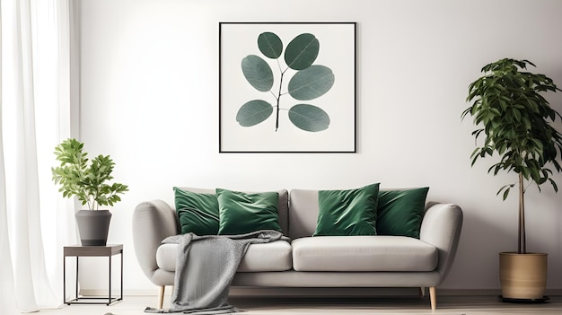 a living room in a living room with a gray couch a green eucalyptus leaf framed print