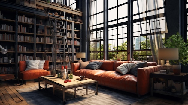 Living room loft in industrial style 3d render Generative AI