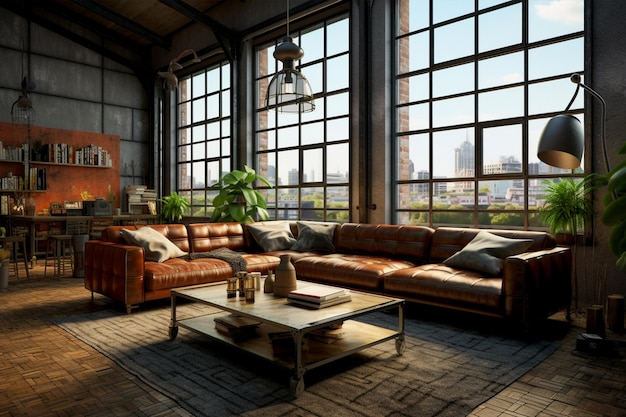 Living room loft in industrial style 3d render