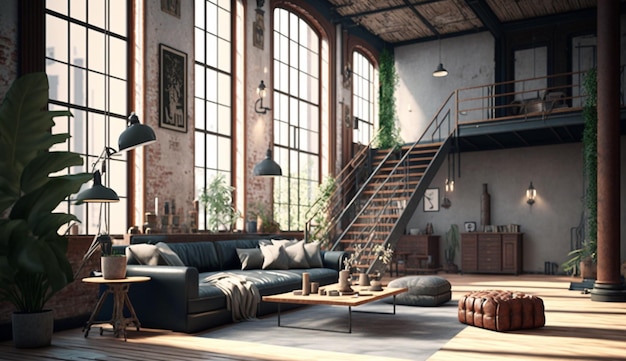 Living room loft in industrial style Generative AI