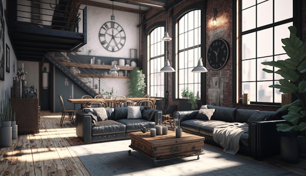 Living room loft in industrial style Generative AI