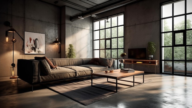Living room loft in industrial style