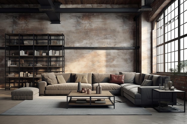 Photo living room loft in industrial style