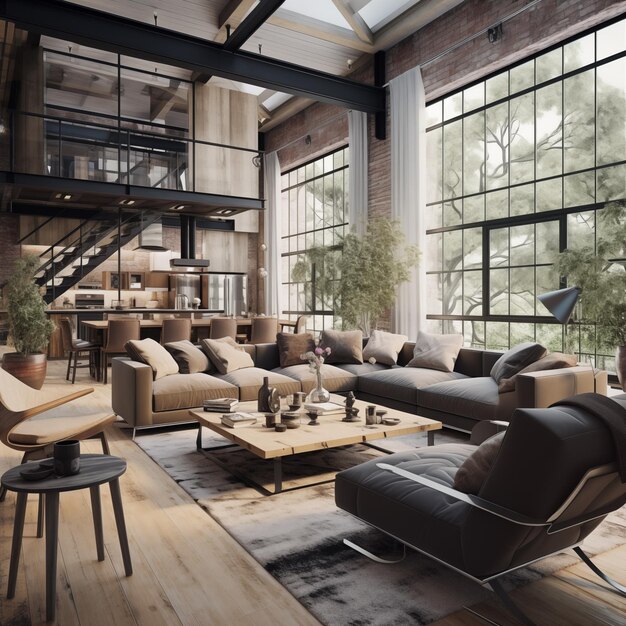 Living room loft in industrial style