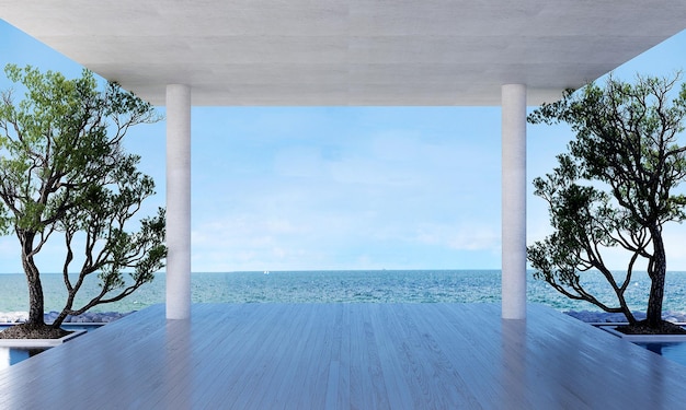 The living room. Luxurious apartment and sea background. 3D rendering