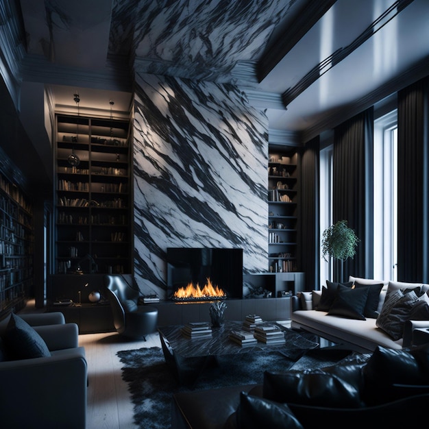 living room marble wall fireplace and stylish bookcase to the ceiling