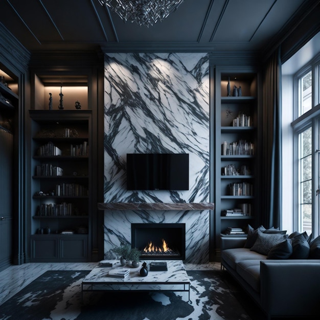 living room marble wall fireplace and stylish bookcase to the ceiling