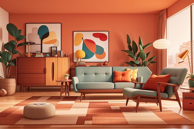 Living room mid century style with warm colors