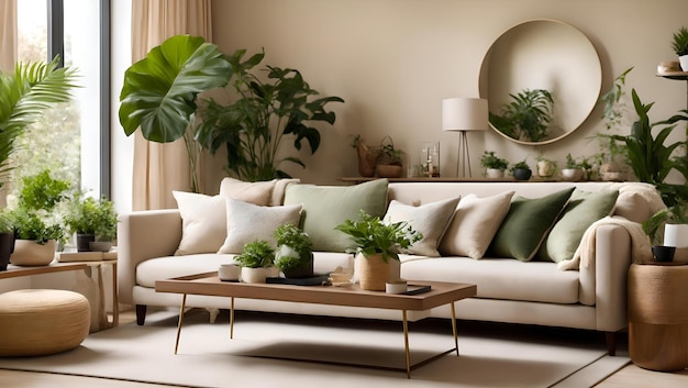 Living room midcentury stijl met warme kleuren Moderne midcentury living room interieur concept AI