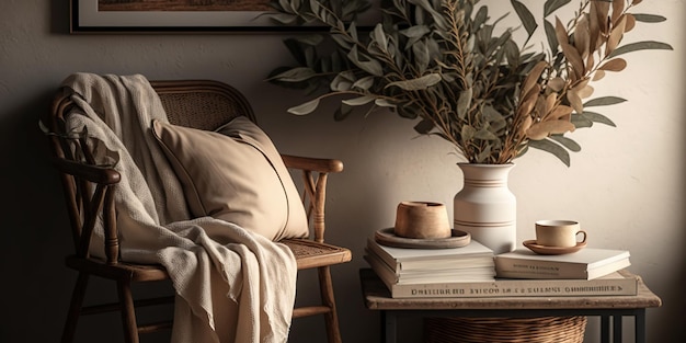 Living room mockup or setup with beige soft chair with cushion and white plaid