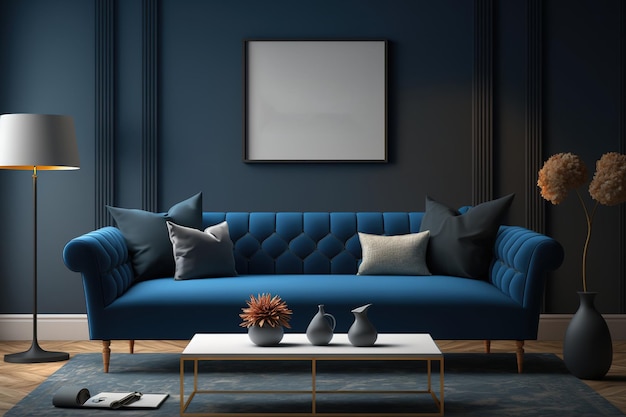 Макет гостиной с синим диваном и декором