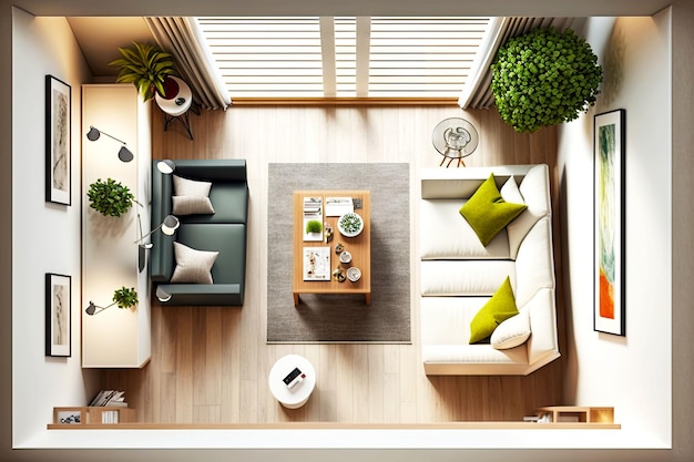 Photo living room of modern apartment top view with table and sofa against window generative ai