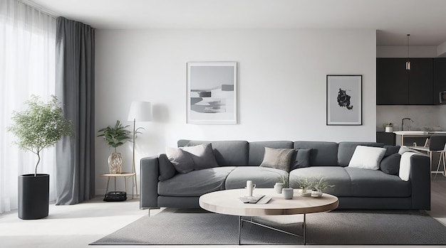 Living room of a modern apartment with two identical sofas opposite each other