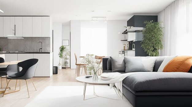 Living room of a modern apartment with two identical sofas opposite each other