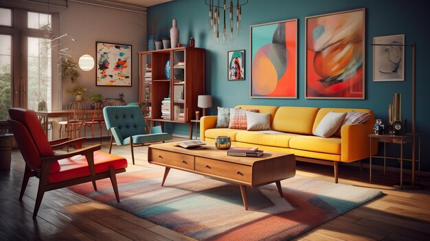 Living room modern interior design Room in retro style with orange armchair and yellow sofa table and colorful decor Contemporary home space with furniture illustration background Generative AI