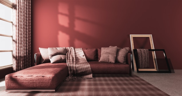 Living room modern style with red wall and red sofa armchair on carpet