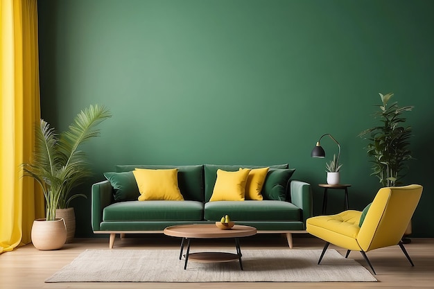 Living room in modern style with sofa chair on yellow and green wall background