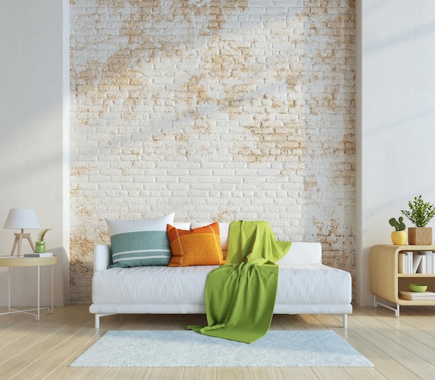 Soggiorno in stile moderno con divano bianco e cuscini colorati e vecchio muro di mattoni sullo sfondo