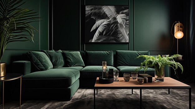 Living room monochrome dark green colors Interior design