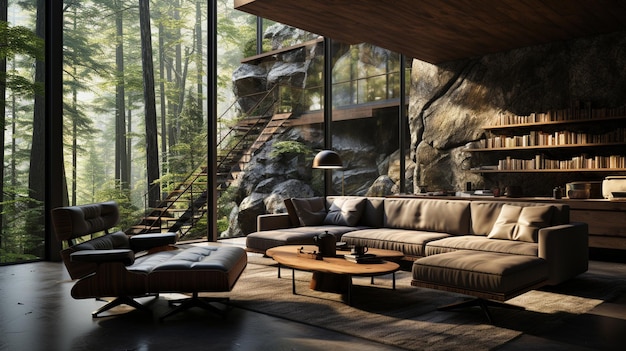 Living room and nature view at home Relax in the living room and the forest view is the backdrop