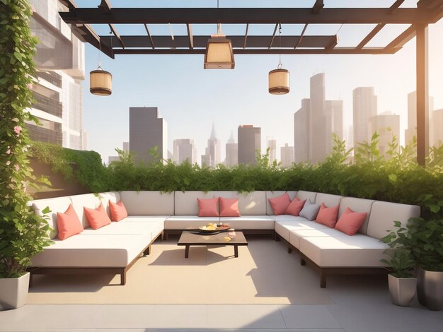 사진 배경 3d 렌더링에 다채로운 소파와 정원과 함께 현대 빌라의 거실