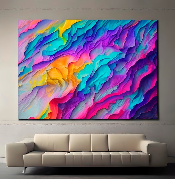 Photo living room photography with abstract painting with bright colors and swirling patterns