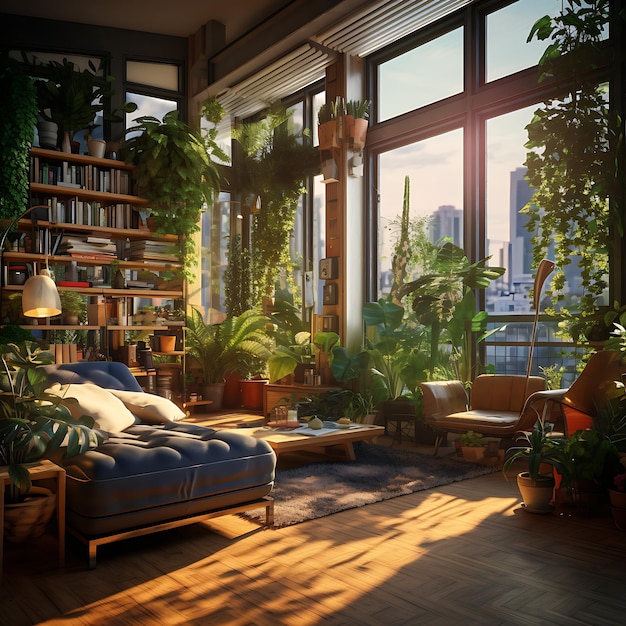 Living room realistic plants deep of field