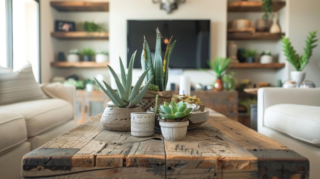 In the living room a reclaimed wood coffee table takes center stage and serves as a focal point for