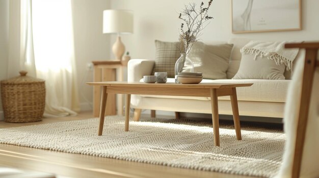 The living room showcases a harmonious blend of scandinavian simplicity with sleek wood accents and