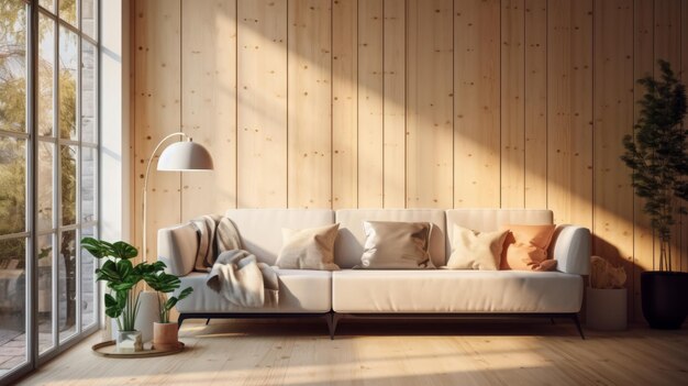 木製パネルの壁のある部屋の窓に枕と毛布が付いたリビング ルームのソファ