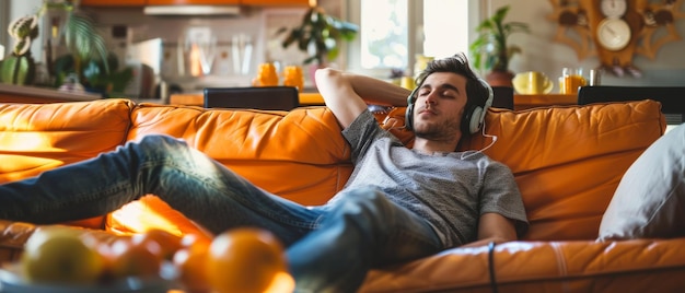 Photo on the living room sofa a young man is relaxing with headphones on